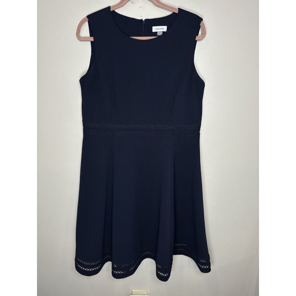 Calvin Klein Fit N Flare dress Size 16 Black Sleeveless Mesh Stripe Party Modest